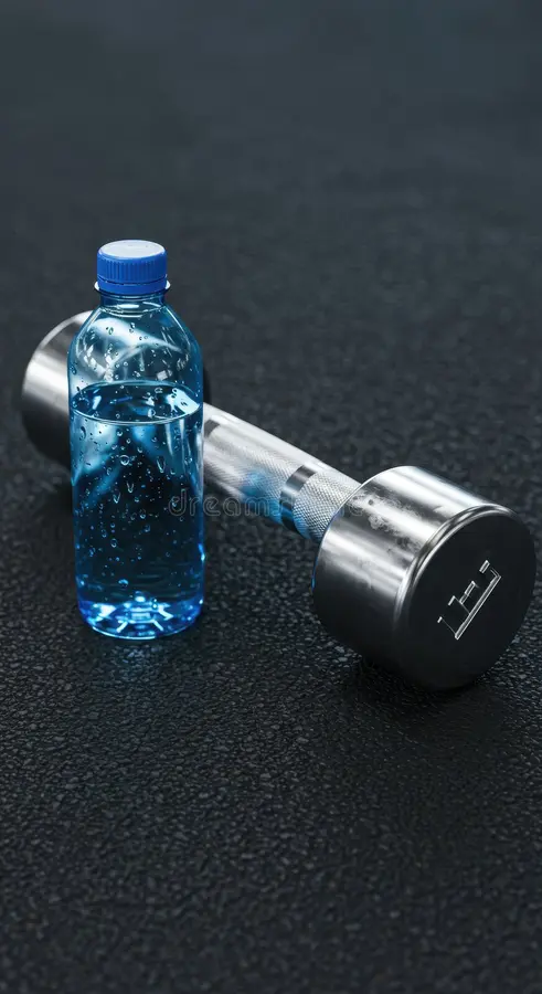 hydration-fitness-water-bottle-dumbbell-gym-floor-workout-motivation-363366162